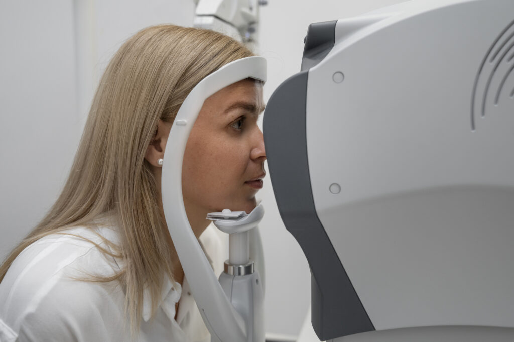 Medium shot woman getting her eyes checked